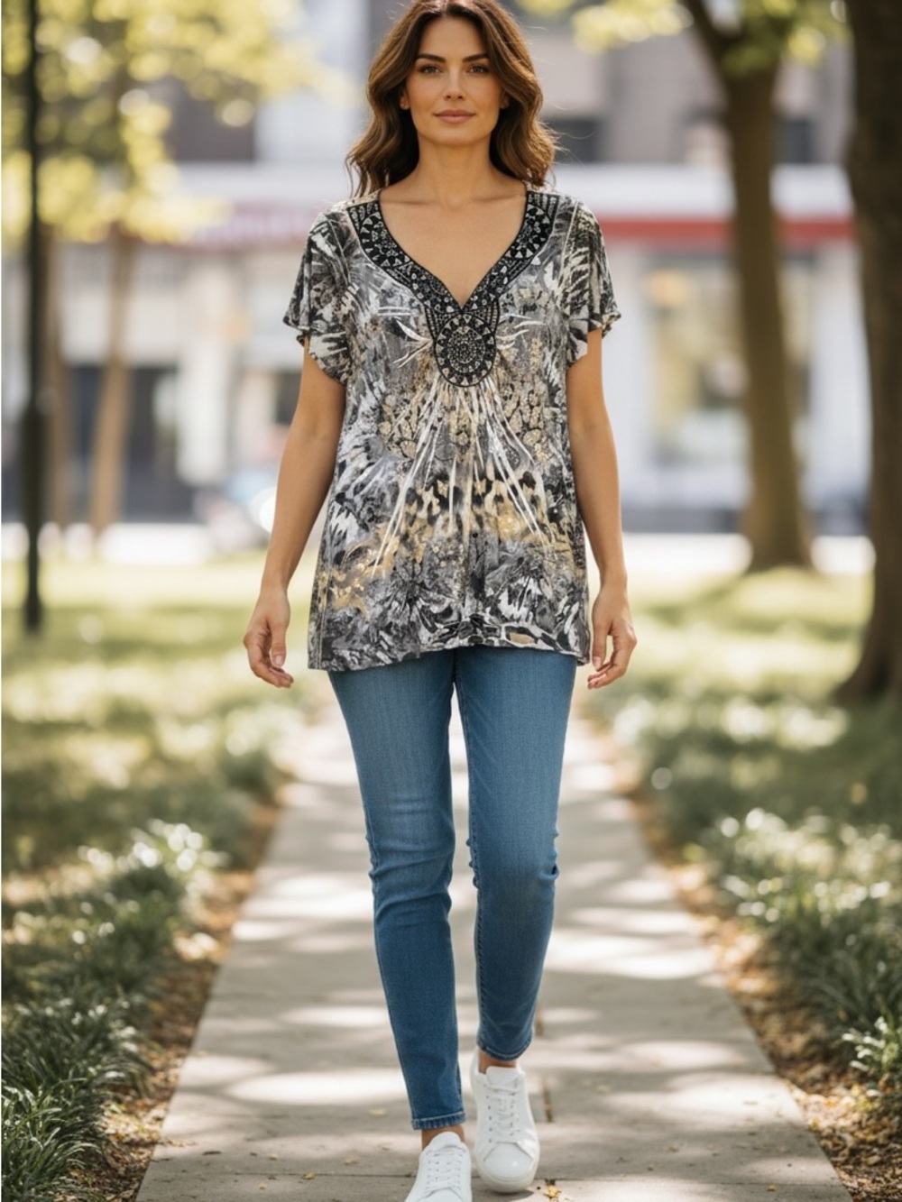 Apt. 9 Black & Gray Printed V-Neck Tunic with Embellished Yoke